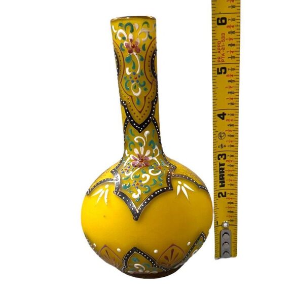 Antique Webb Moroccan Yellow Glass Vase Set Hand-Painted Floral Glows Orange - Picture 8 of 13